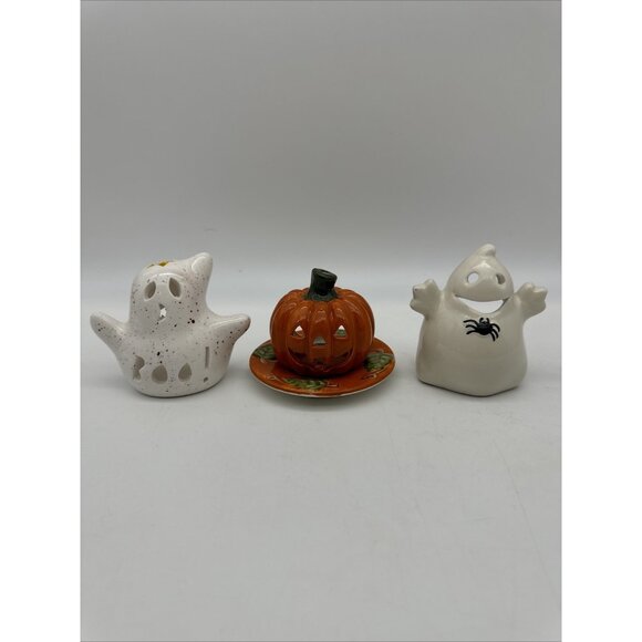 Vintage Darice Halloween Ceramic Pumpkin Ghost Mini Tealight Candle Set Of 3 HTF - Picture 1 of 16